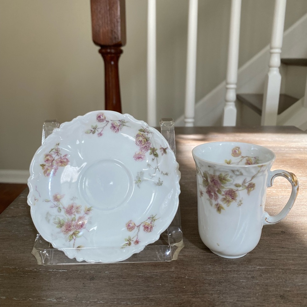 Vintage A. Lanternier Limoges Demitasse Cup & Saucer with Roses Gold Trim